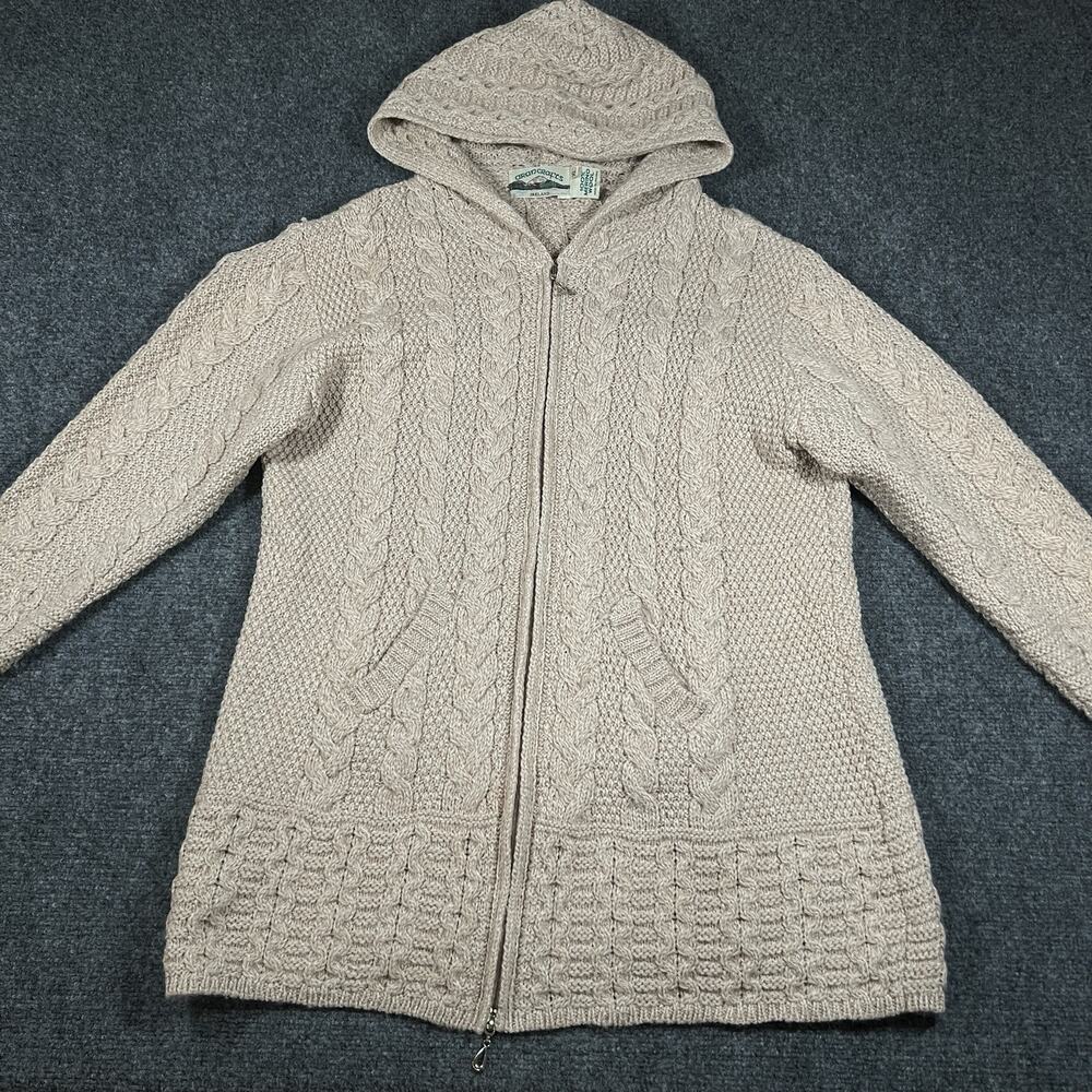 Aran Crafts Ireland Wool Jacket XL Beige Cable Knit Full Zip Hoodie Sweater